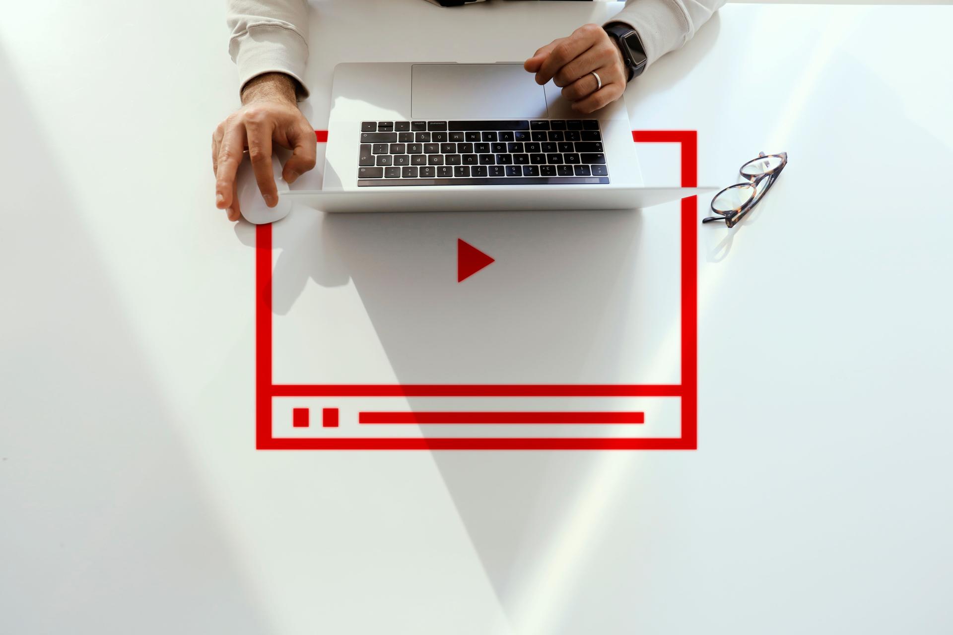 Video Marketing Concept.Hand pressing transparent white button